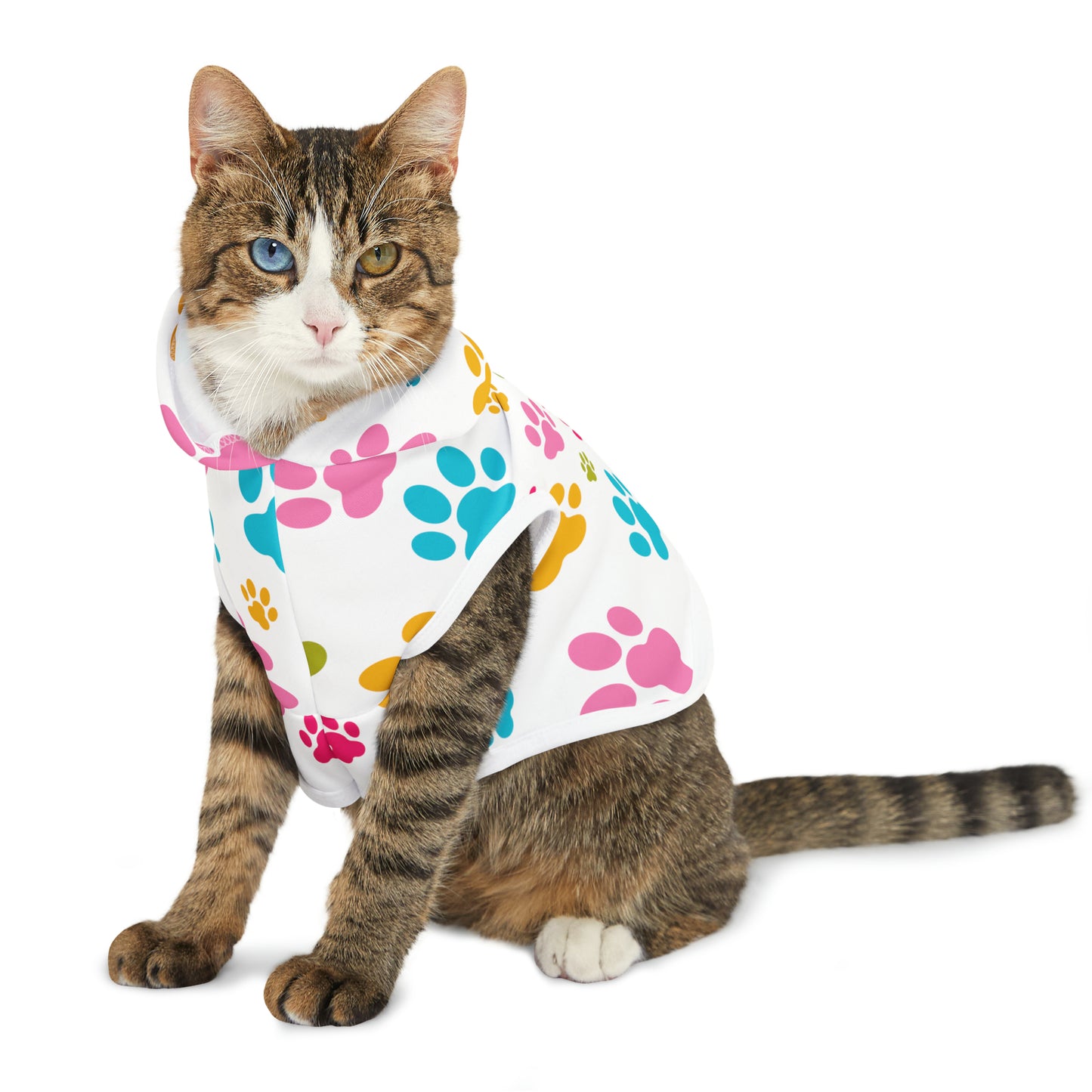Colorful Paw Prints Pet Hoodie, Available in 5 Different Sizes, Choose Black or White Rib Color