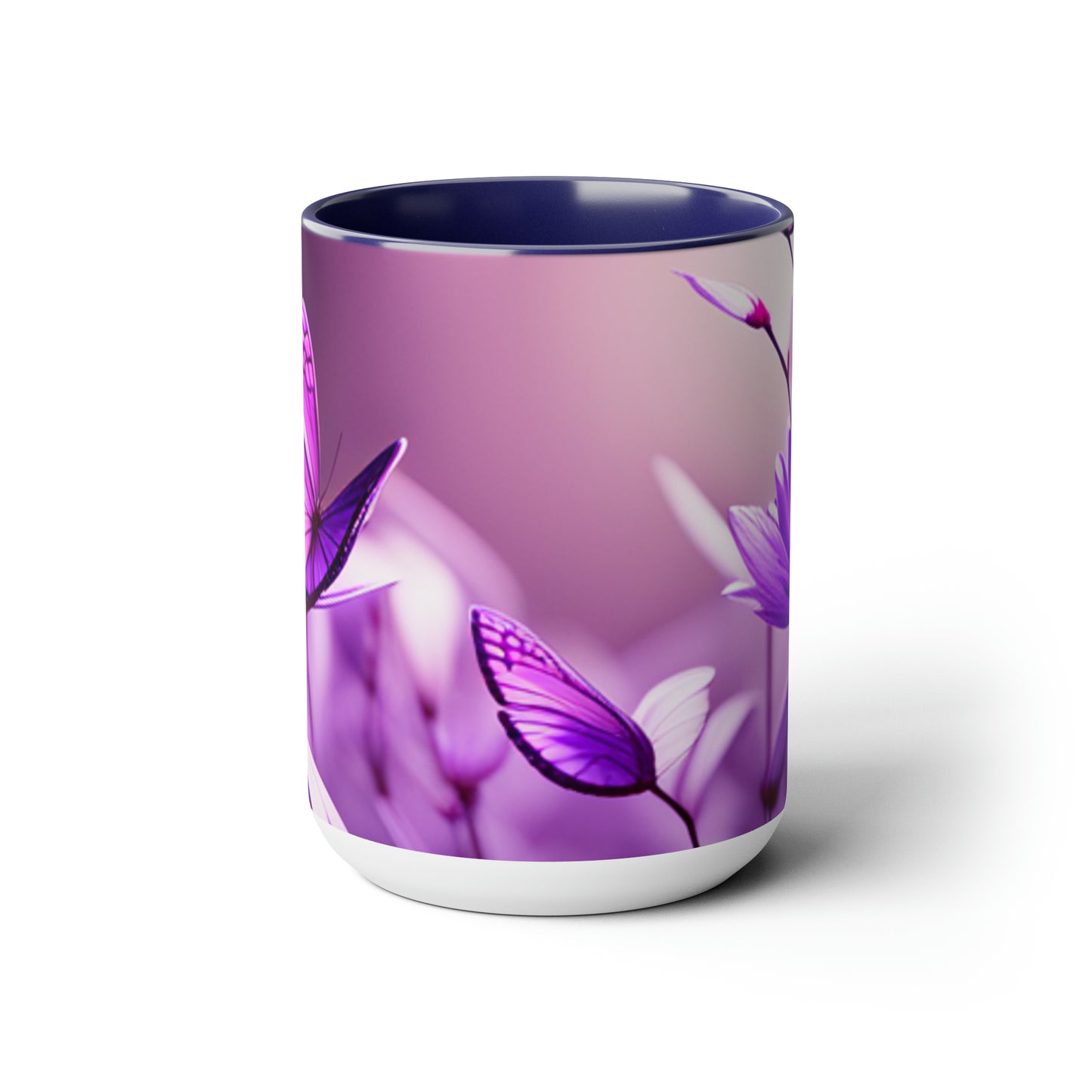 Beautiful Butterflies Purple Mug, Two-Tone Coffee Mugs, 15oz, Glossy Finish, Choose Your Handle and Inside Color