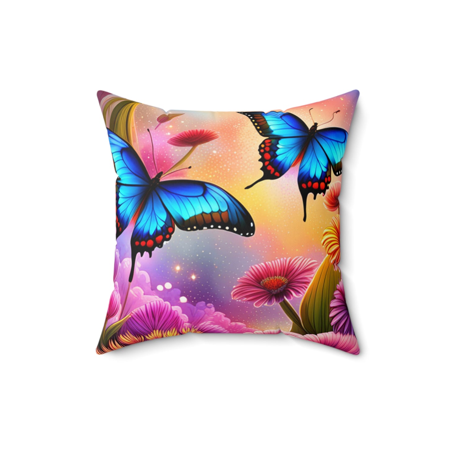 Blue Butterflies and Pink Flowers Spun Polyester Square Pillow, 4 Sizes to Choose From