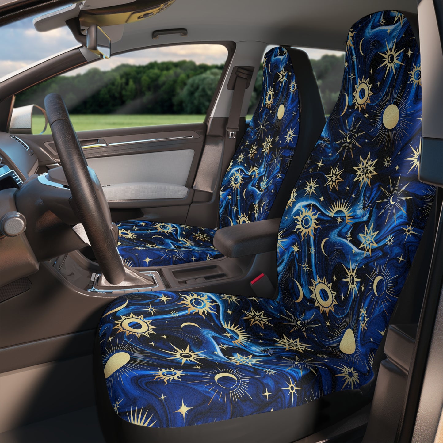 Car Seat Covers - Celestial Sun, Moon, & Stars Car Seat Covers (2 Seat Covers), Easy To Install, Elastic Fastening and Snug Fit