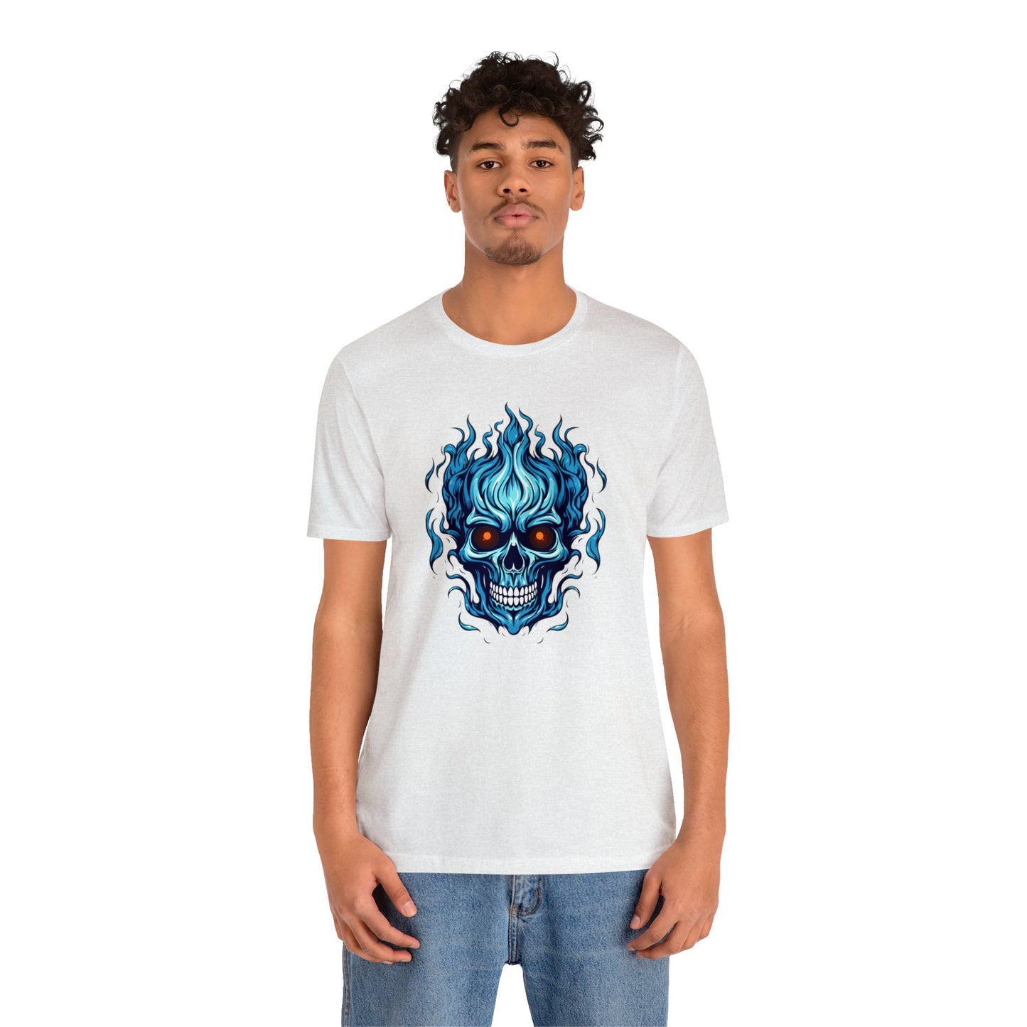 Men's Jersey Short Sleeve Tee - Blue Flaming Skull T-Shirt, Sizes Small To 3XL