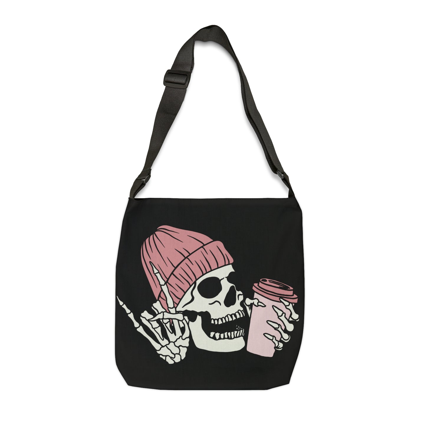 Adjustable Tote Bag (AOP) - Drinking Coffee Skull Tote Bag, Comes in 2 Sizes, Adjustabe Straps