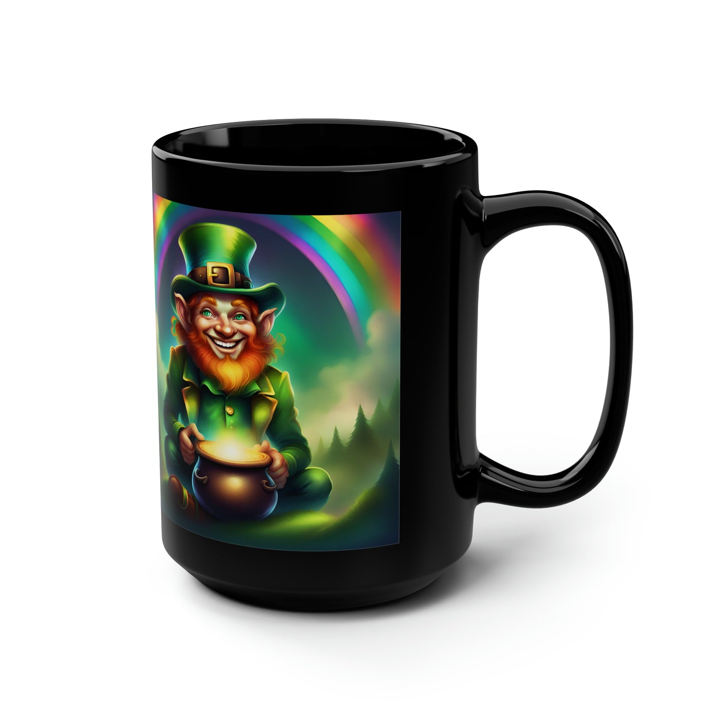 Leprechaun with Glowing Pot o' Gold Black Mug, Large Size 15oz, Glossy Finish