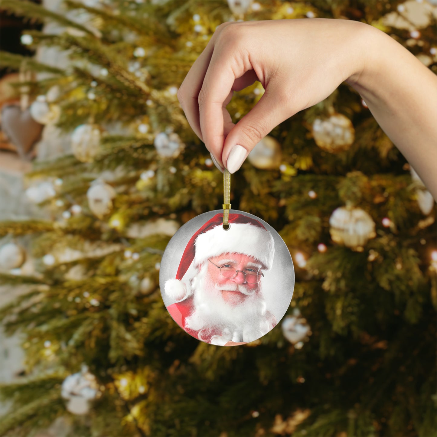 Christmas Santa Glass Ornaments, Comes with Gold Ribbon for Hanging