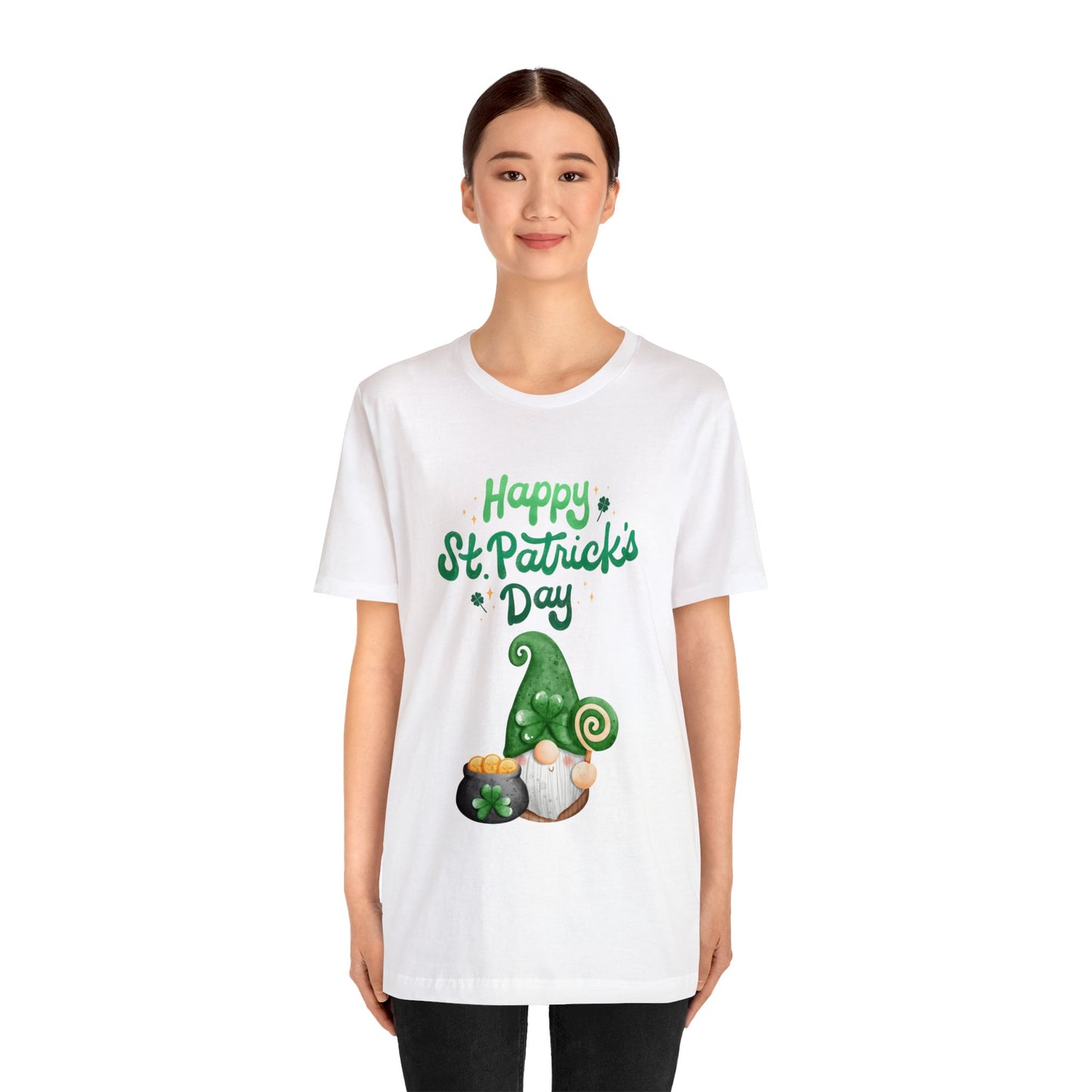 "Happy St Patrick's Day" Gnome Unisex Jersey Short Sleeve Tee, Available in White or Black, Sizes S to 3XL