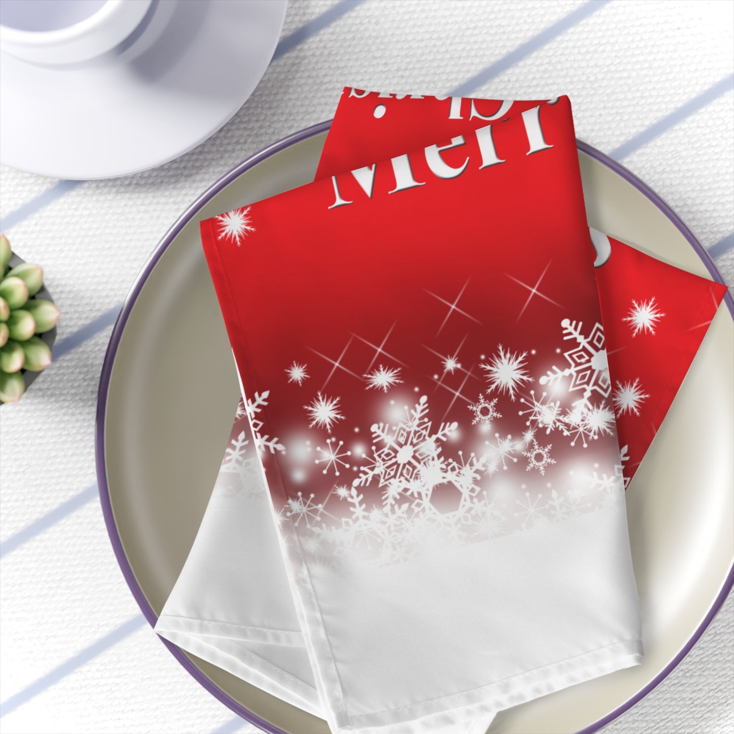 "Merry Christmas" Napkins with White Snowflakes and Red Background, Elegant Design for Your Holiday Party