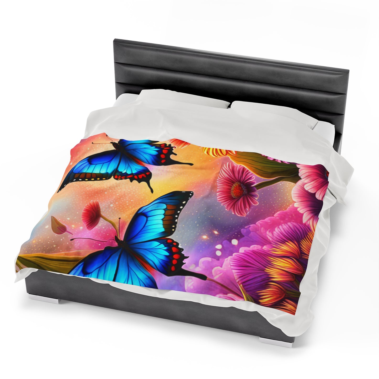 Blue Butterflies and Pink Flowers Velveteen Plush Blanket