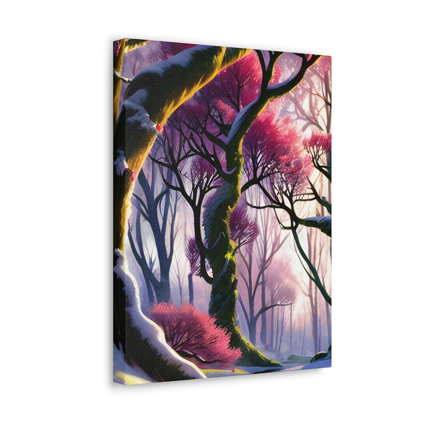 Beautiful Winter Scenery in a Vibrant Pinkish Red Forest Canvas Gallery Wraps
