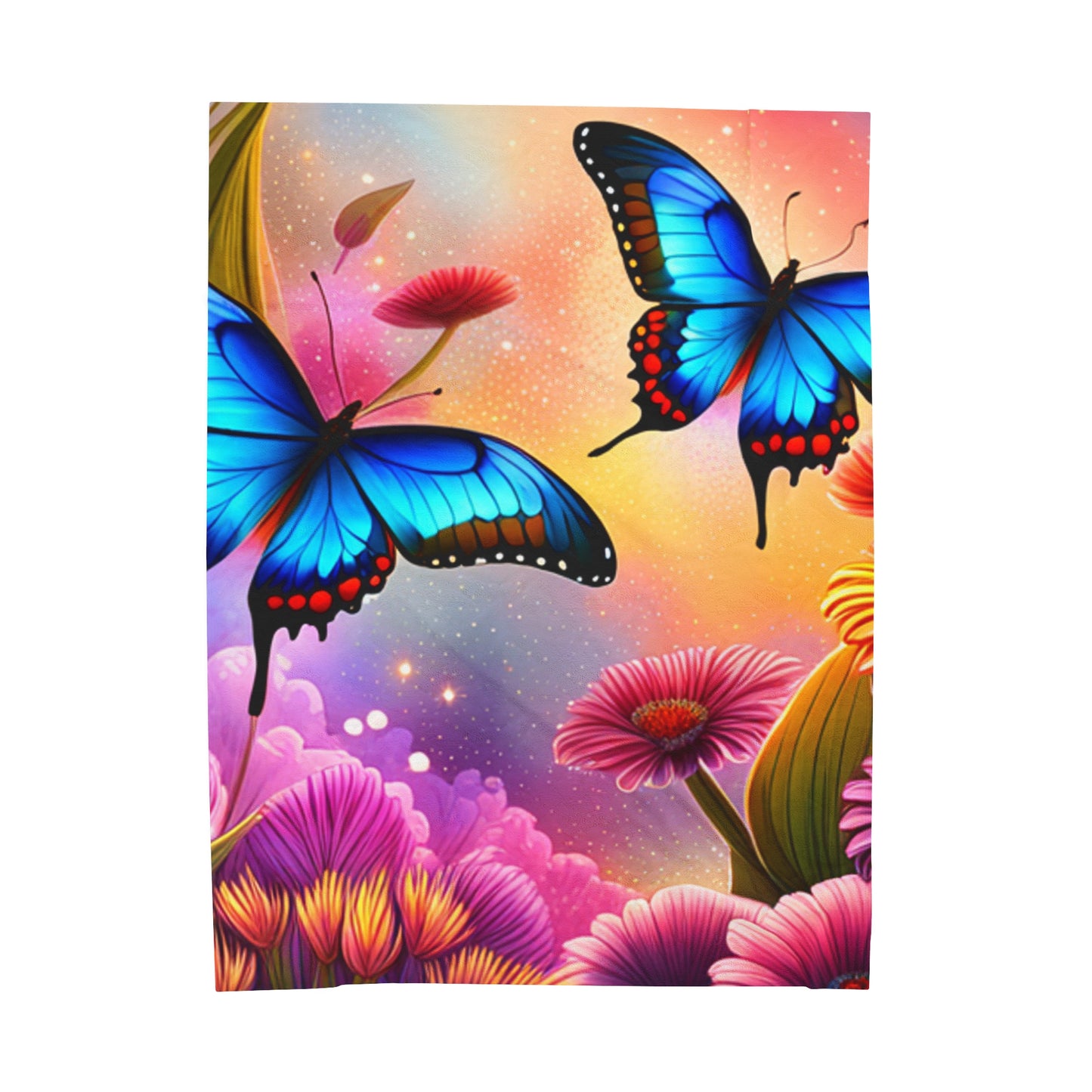 Blue Butterflies and Pink Flowers Velveteen Plush Blanket
