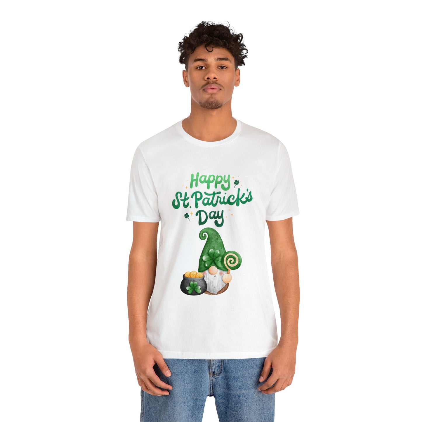 "Happy St Patrick's Day" Gnome Unisex Jersey Short Sleeve Tee, Available in White or Black, Sizes S to 3XL