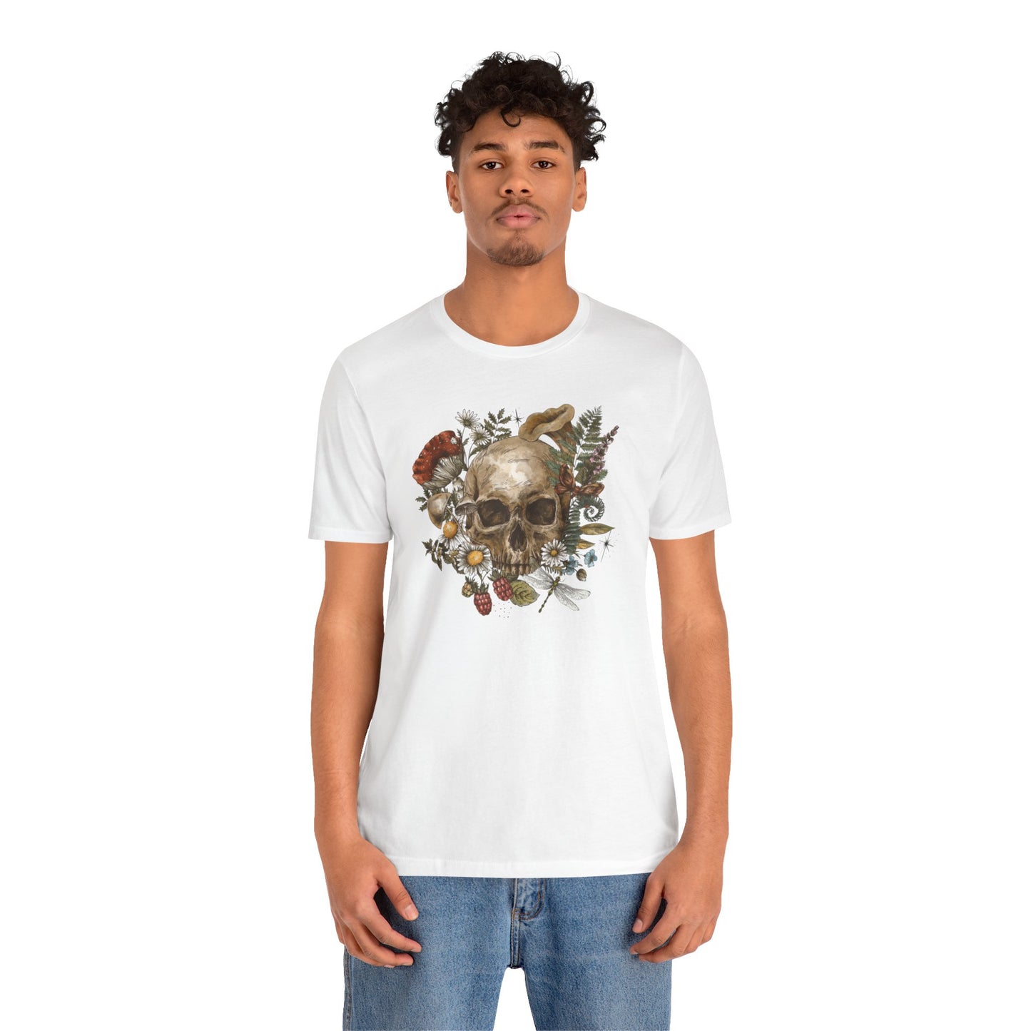 T-Shirt - Skull with Mushrooms Unisex Jersey Short Sleeve Tee, Soft and 100% Cotton, Runs True to Size, Sizes Small to 3XL