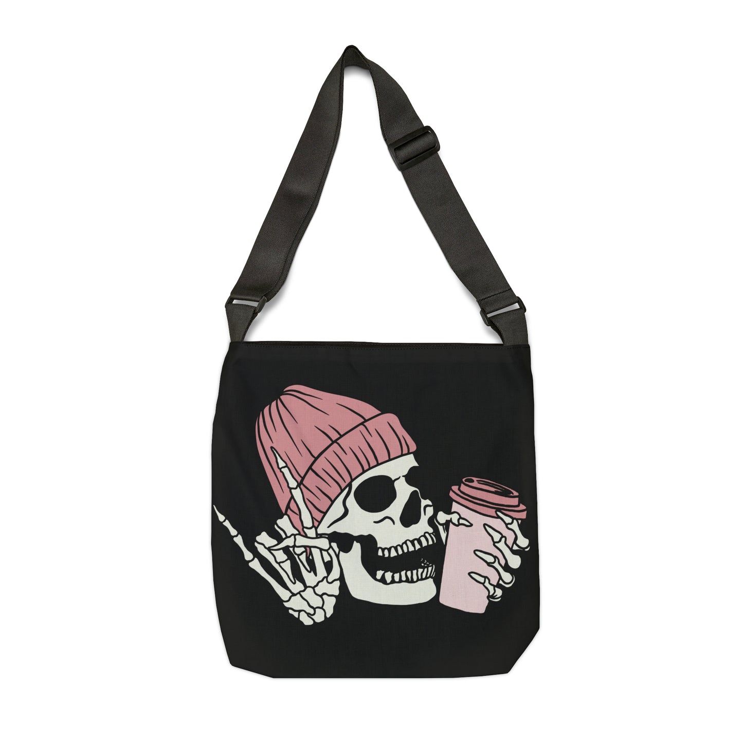Adjustable Tote Bag (AOP) - Drinking Coffee Skull Tote Bag, Comes in 2 Sizes, Adjustabe Straps