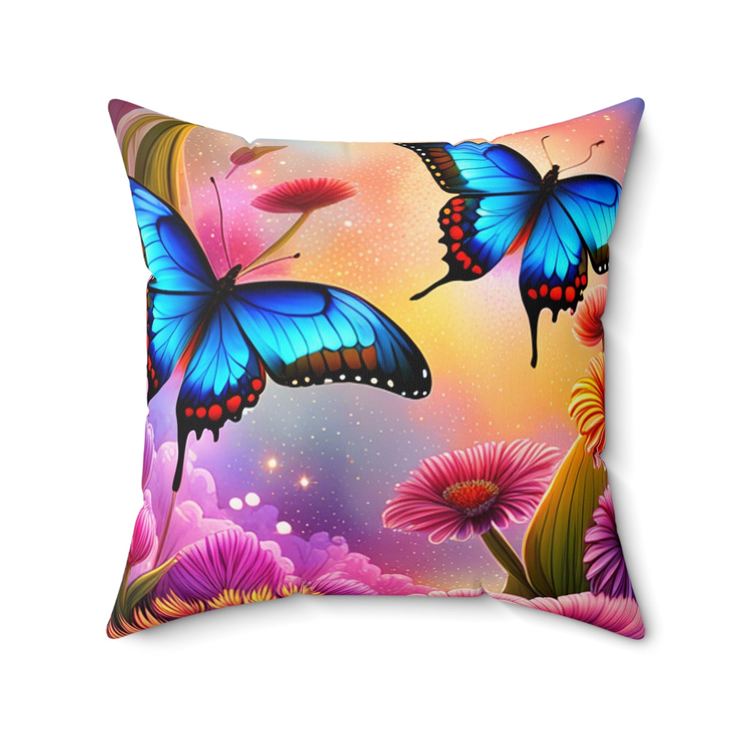 Blue Butterflies and Pink Flowers Spun Polyester Square Pillow, 4 Sizes to Choose From