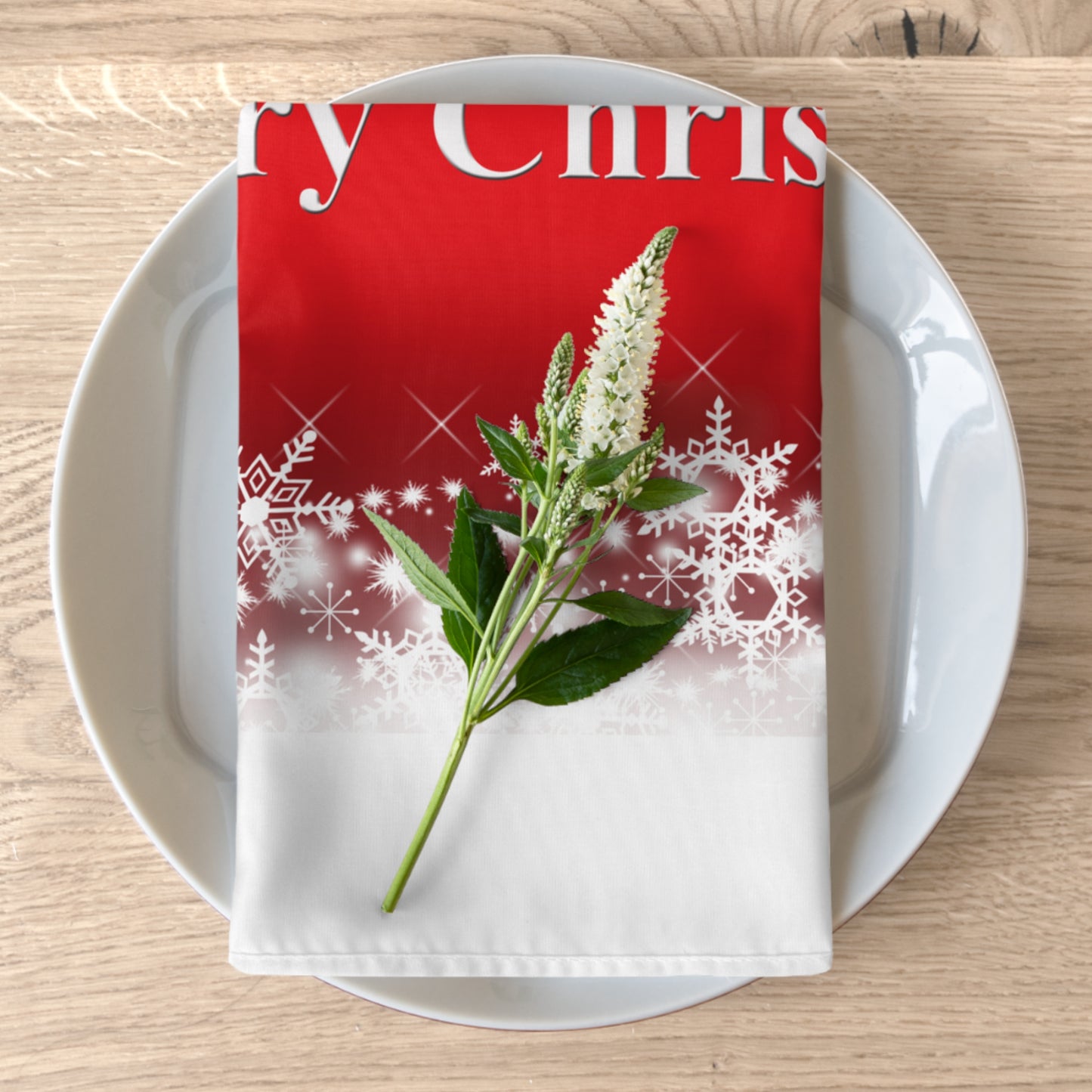 "Merry Christmas" Napkins with White Snowflakes and Red Background, Elegant Design for Your Holiday Party