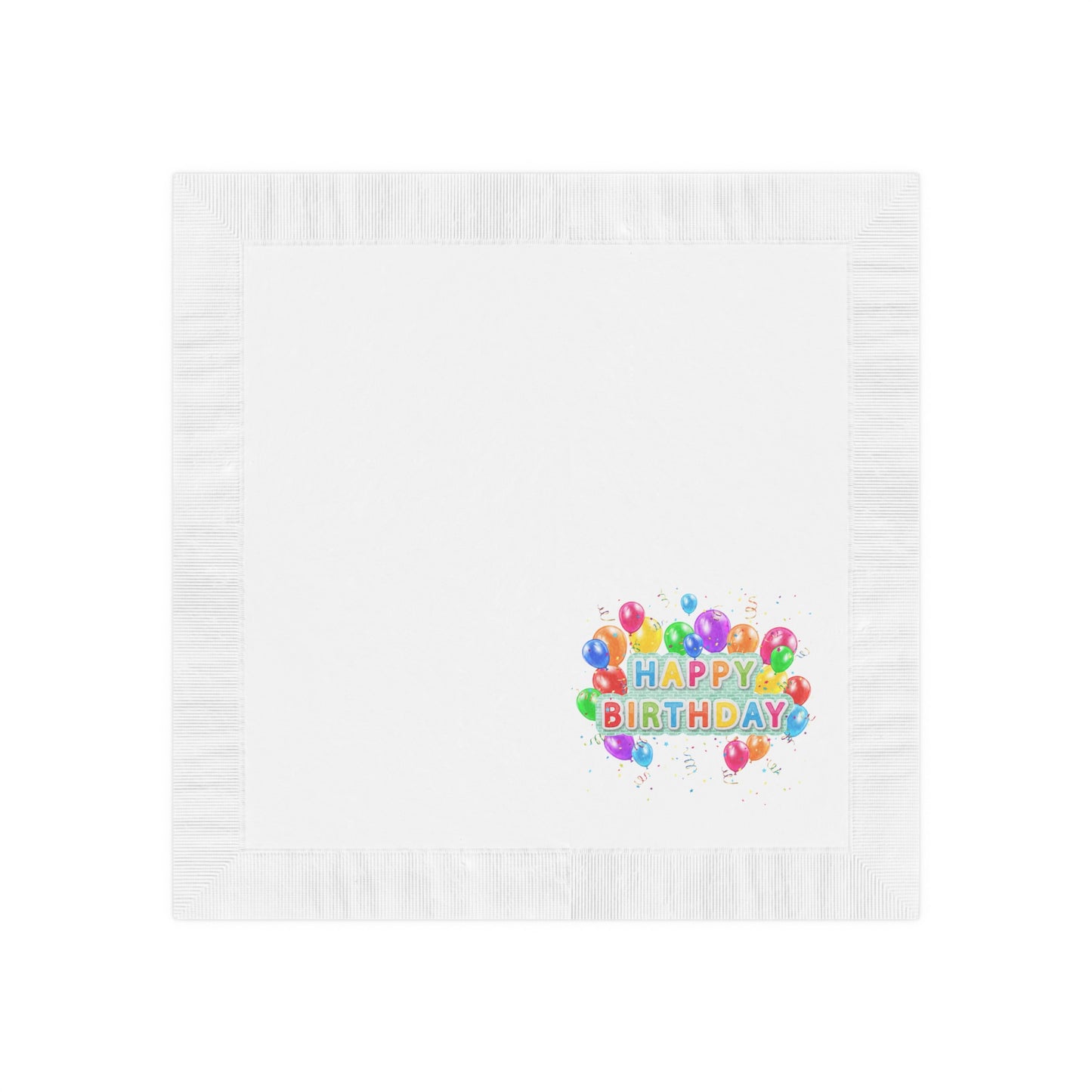 "Happy Birthday" White Coined Napkins, Available in 2 sizes (Luncheon 6.5" x 6.5") and Beverage (4.8" x 4.8")