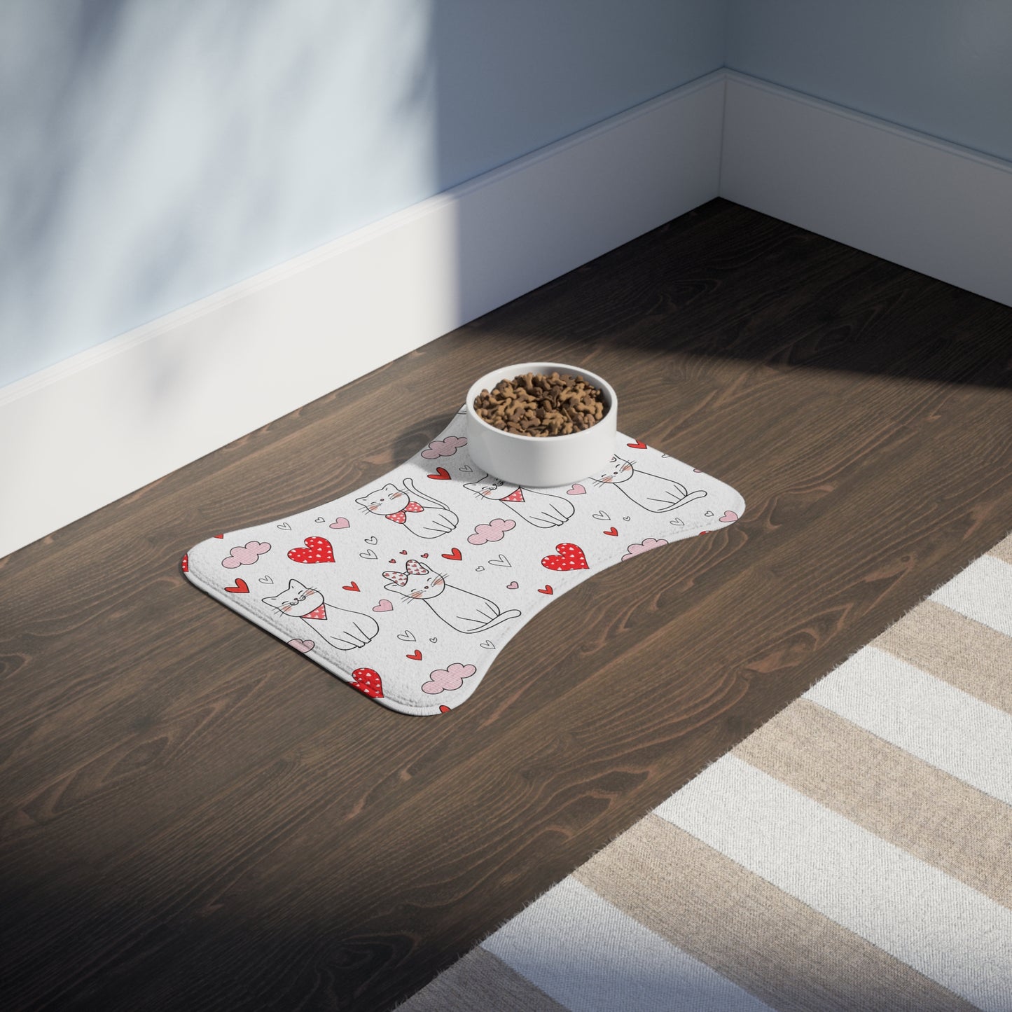 Cats and Hearts Pet Feeding Mats, Non-Slip Bottom, Foam-Filled Material