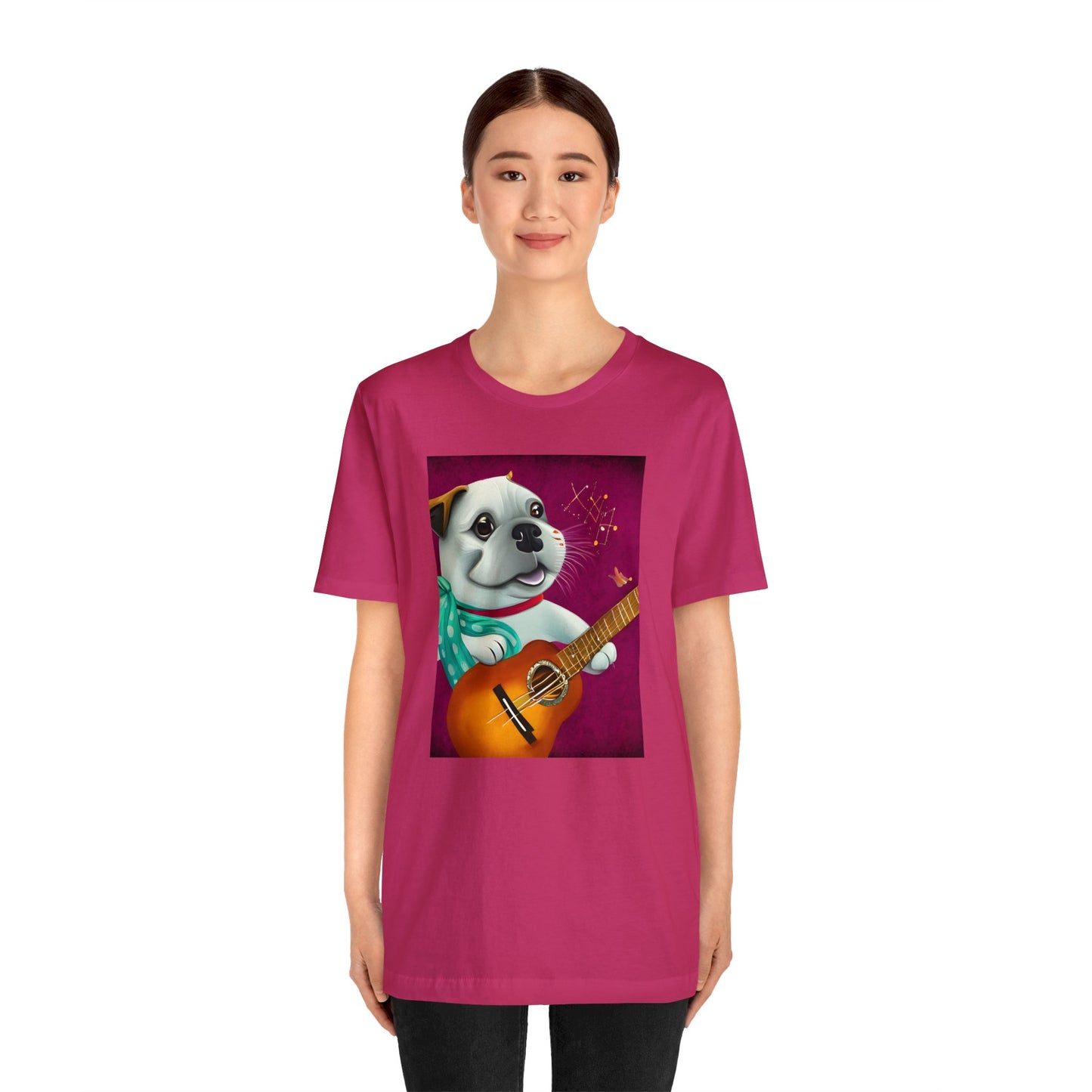 Happy Singing Dog Playing Guitar Unisex Jersey Short Sleeve Tee, Sizes Small to 3XL