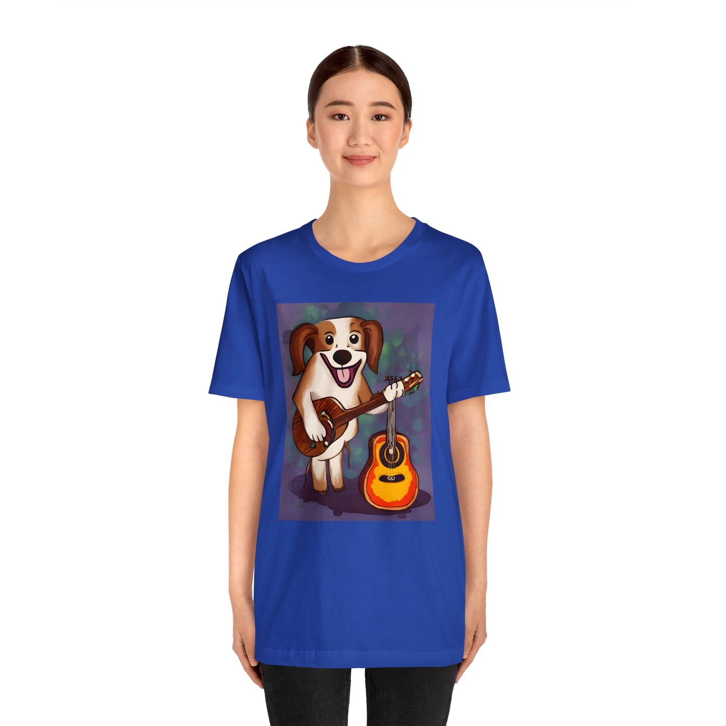 Happy Dog Playing Guitar Unisex Jersey Short Sleeve Tee, Sizes Small to 3XL