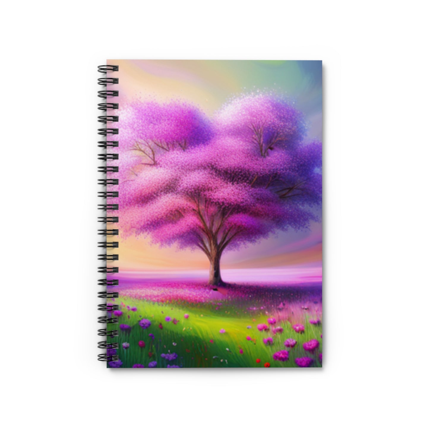 Notebook - Pink Heart Tree in a Field of Flowers Spiral Notebook - Ruled Line