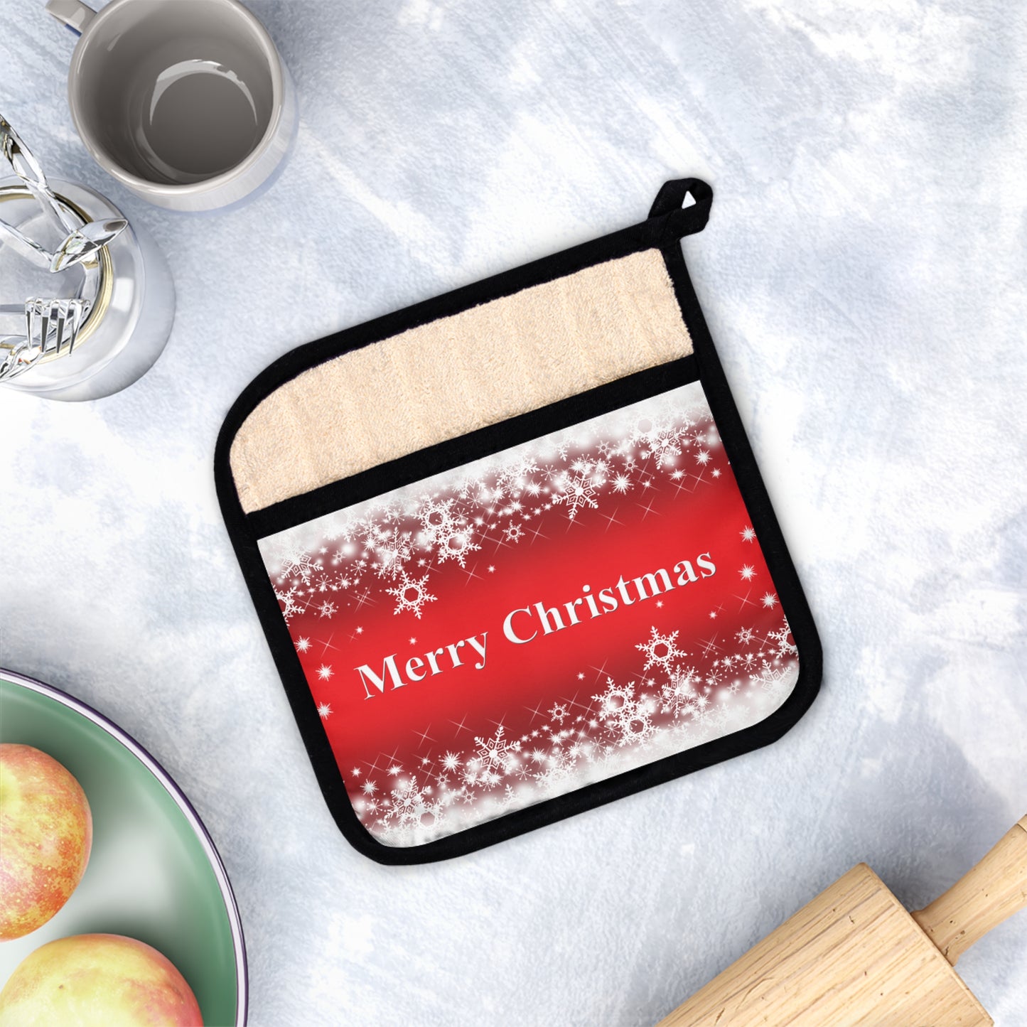 "Merry Christmas" Pot Holder with Pocket, Elegant Design