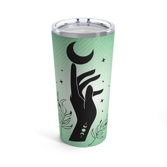 Tumbler - Spiritual Hand with Green Gradient Tumbler 20oz, Stainless Steel and Travel Size, Perfect for On the Road, at the Office, Or Home, Glossy Finish