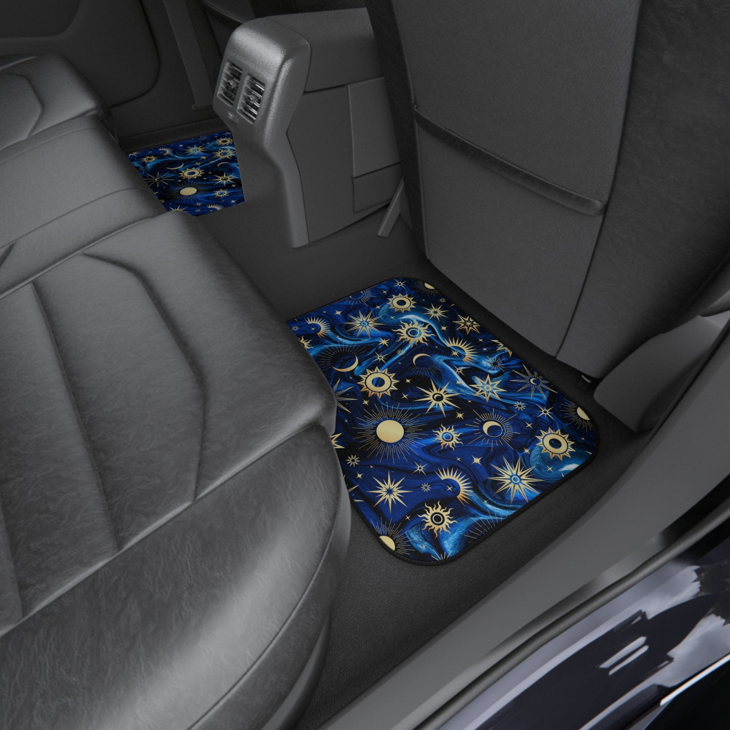 Car Mats - Celestial Blue and Black Stars, Moon, and Sun Car Mats (Set of 4), Easy to Clean with a Vacuum or a Cool Water Rinse, Non-Slip Rubber Backing
