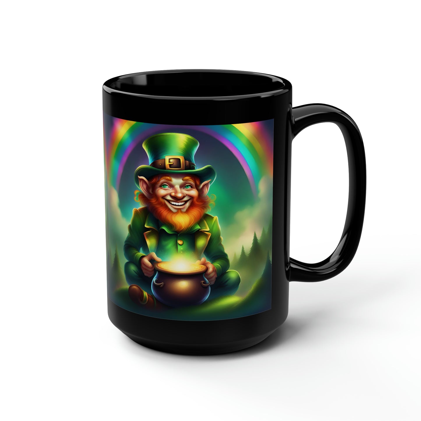 Leprechaun with Glowing Pot o' Gold Black Mug, Large Size 15oz, Glossy Finish