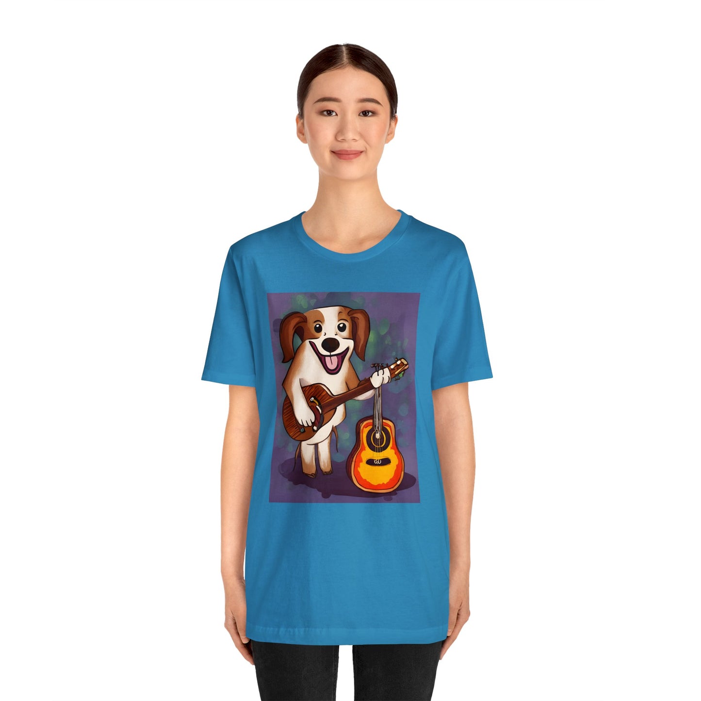 Happy Dog Playing Guitar Unisex Jersey Short Sleeve Tee, Sizes Small to 3XL