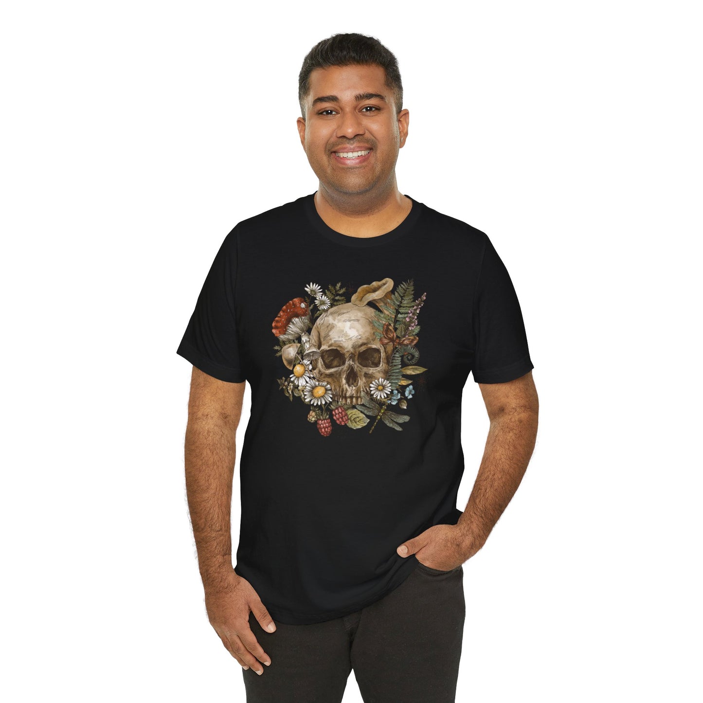 T-Shirt - Skull with Mushrooms Unisex Jersey Short Sleeve Tee, Soft and 100% Cotton, Runs True to Size, Sizes Small to 3XL