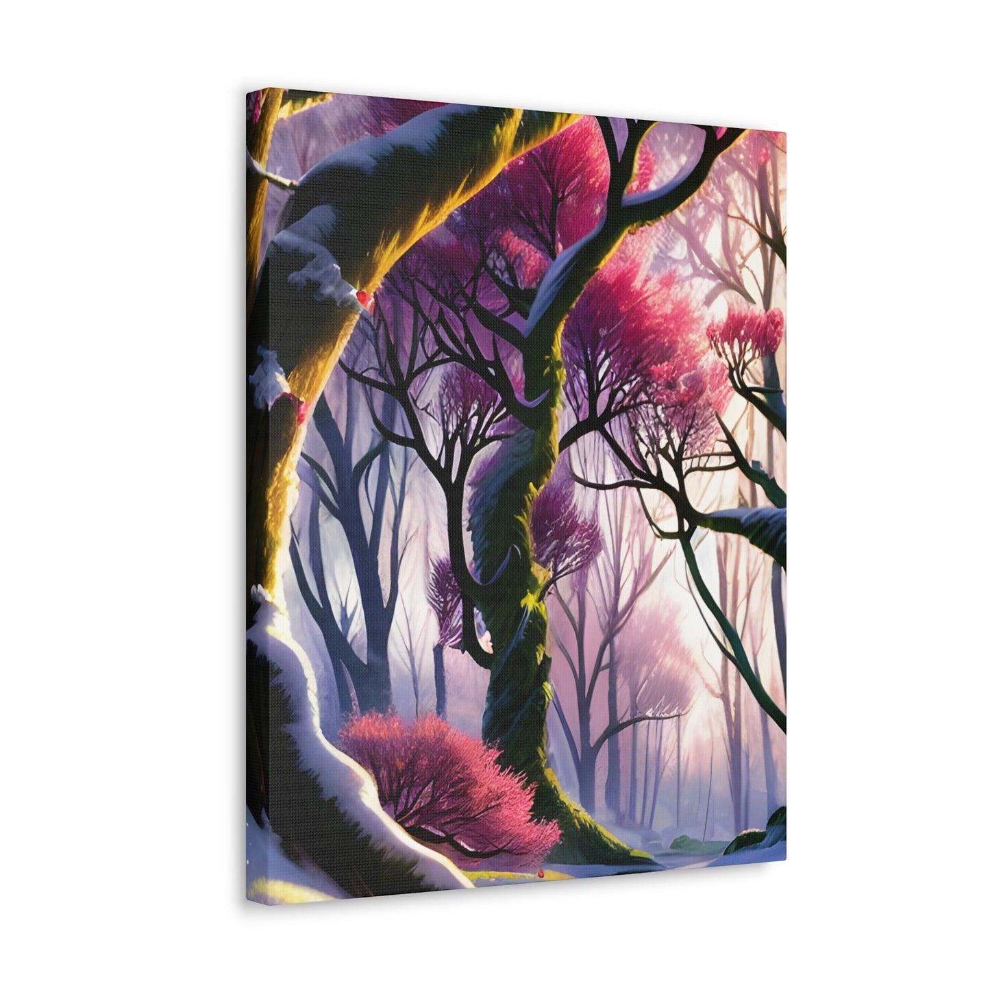 Beautiful Winter Scenery in a Vibrant Pinkish Red Forest Canvas Gallery Wraps